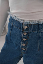 Button Detail Pleated Dark Blue Jeanss