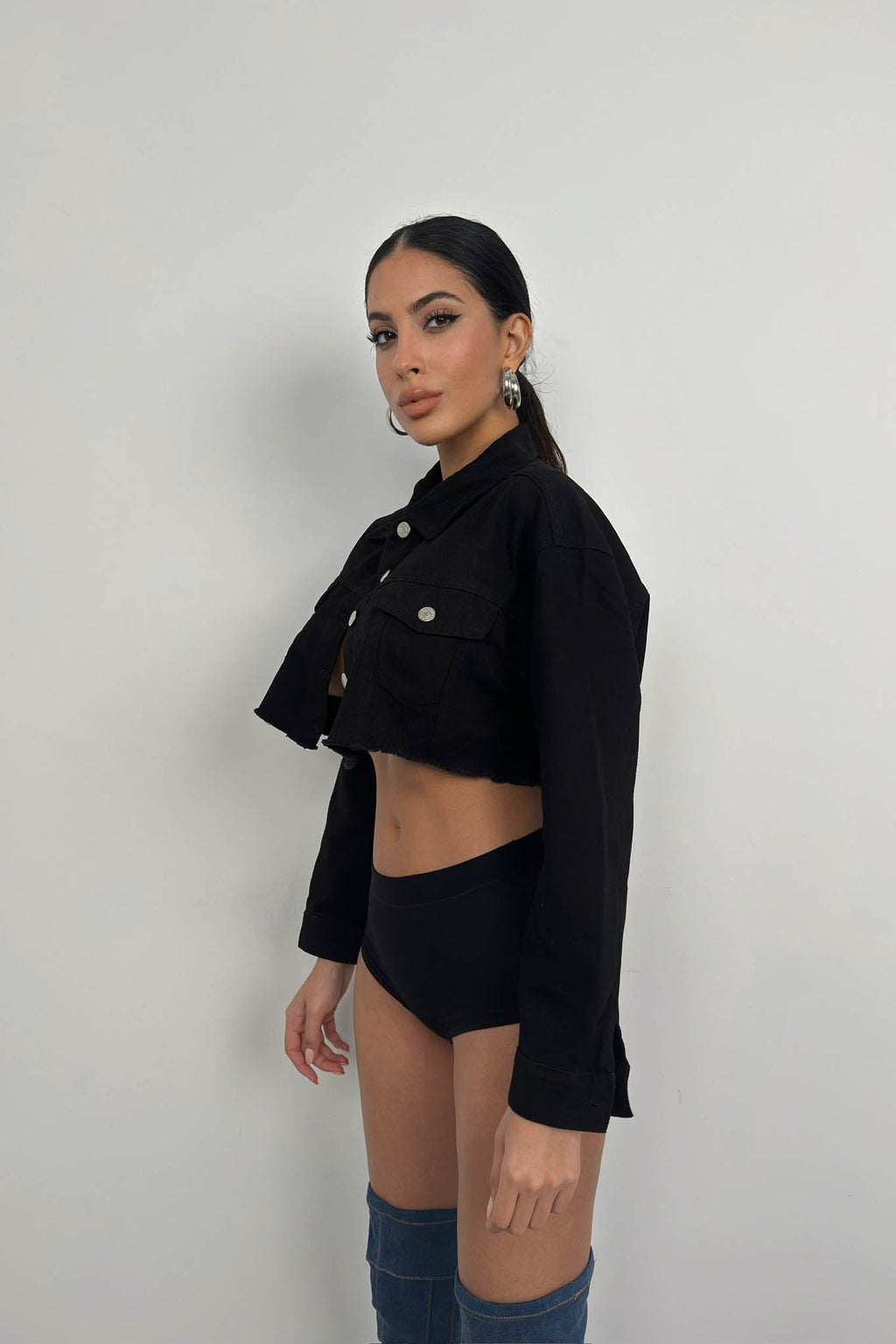 Button Detail Black Crop Jacket