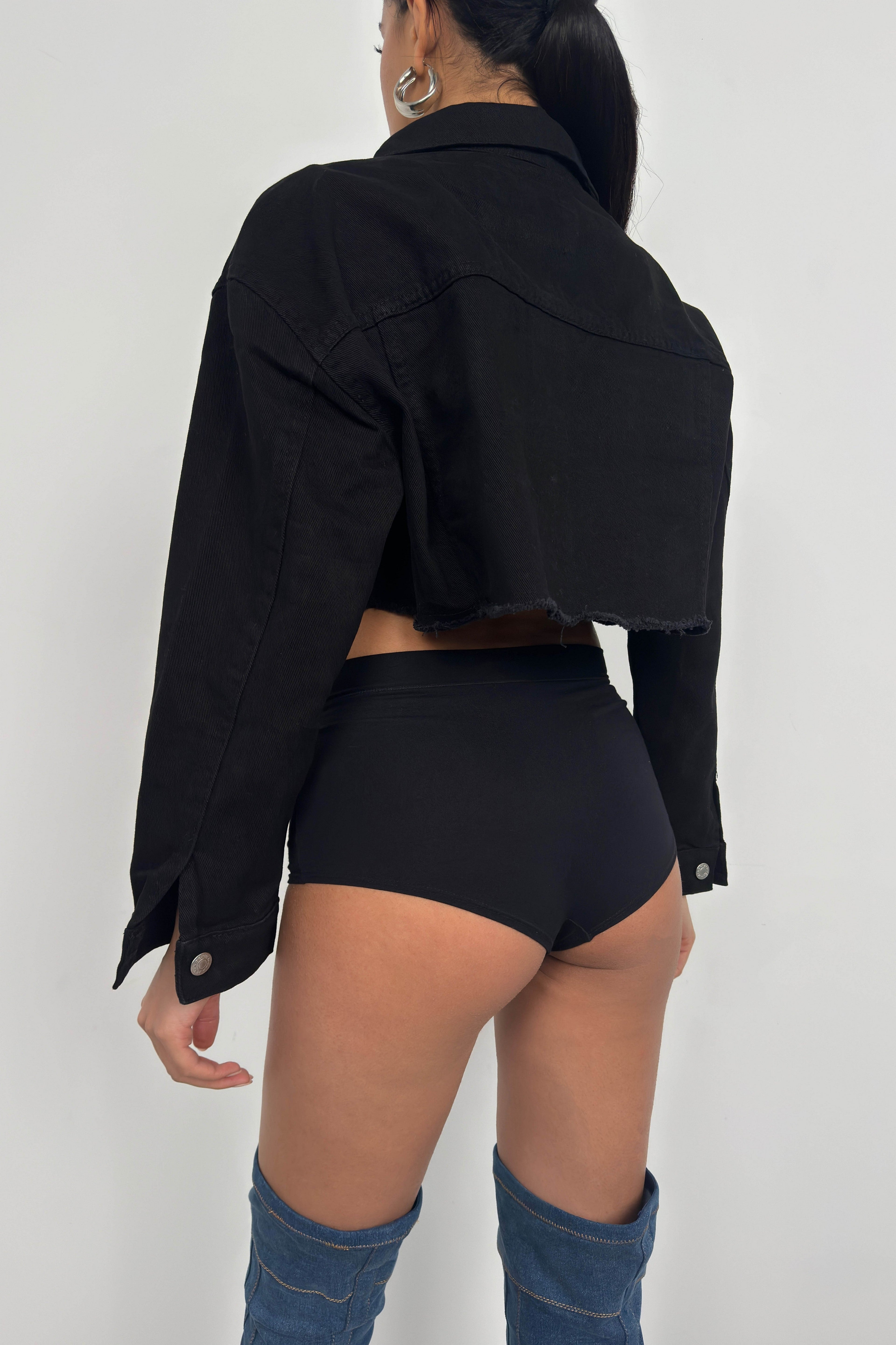 Button Detail Black Crop Jacket