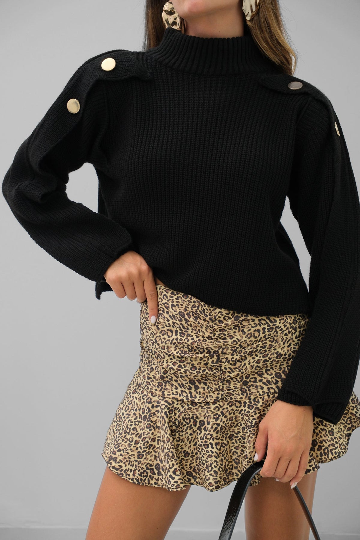 Button Detail Black Oversized Sweater