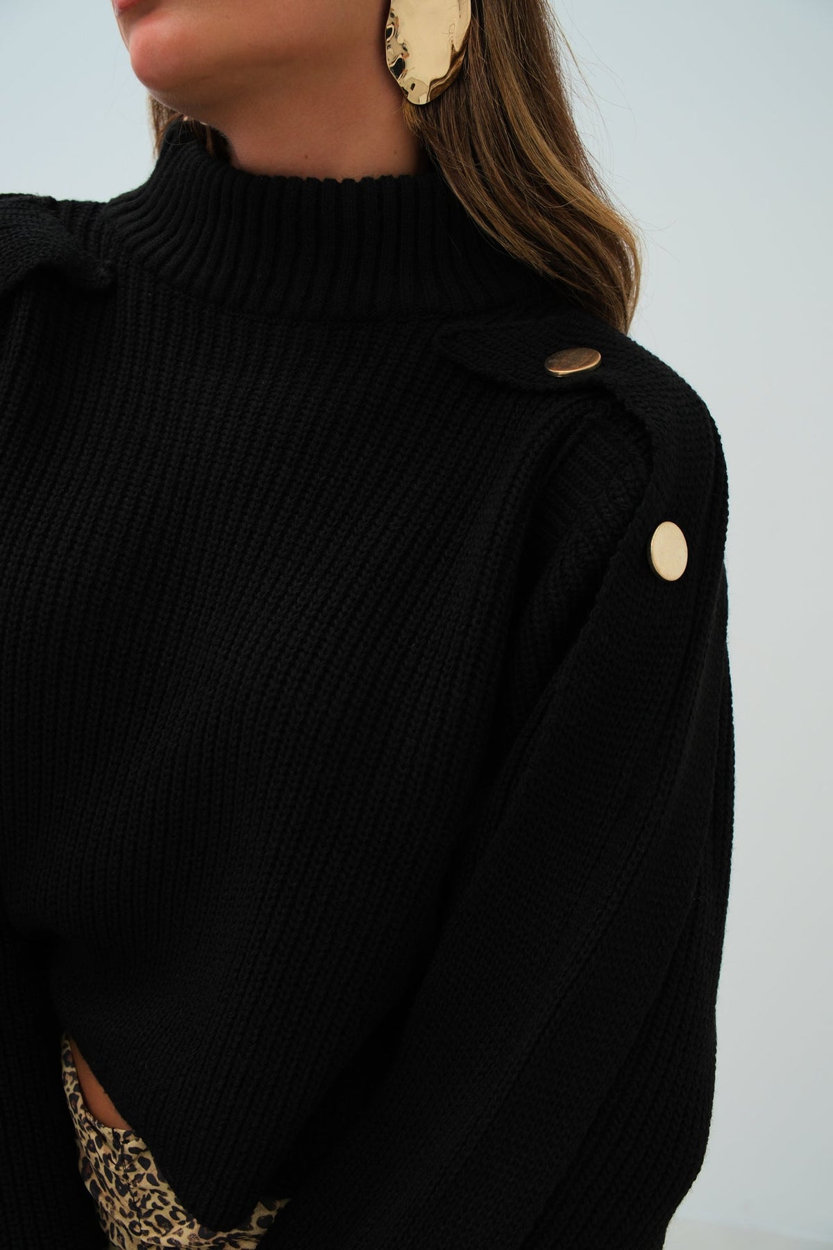 Button Detail Black Oversized Sweater