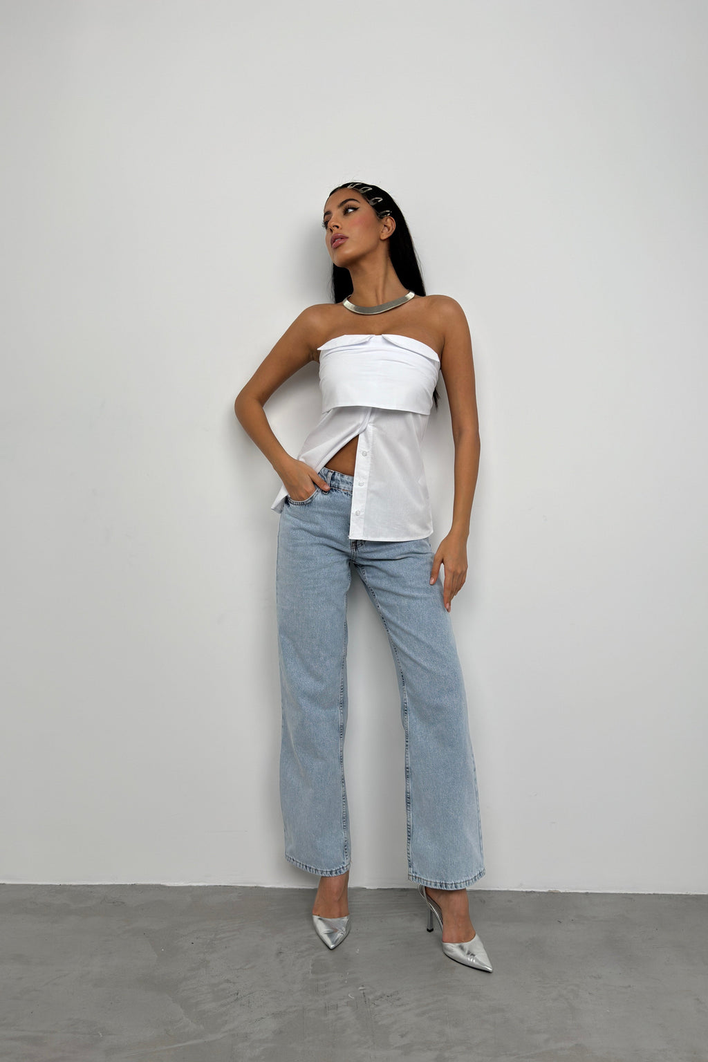Button Detail White Strapless Blouse