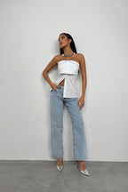 Button Detail White Strapless Blouse