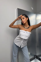 Button Detail White Strapless Blouse