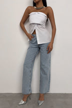 Button Detail White Strapless Blouse