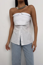 Button Detail White Strapless Blouse