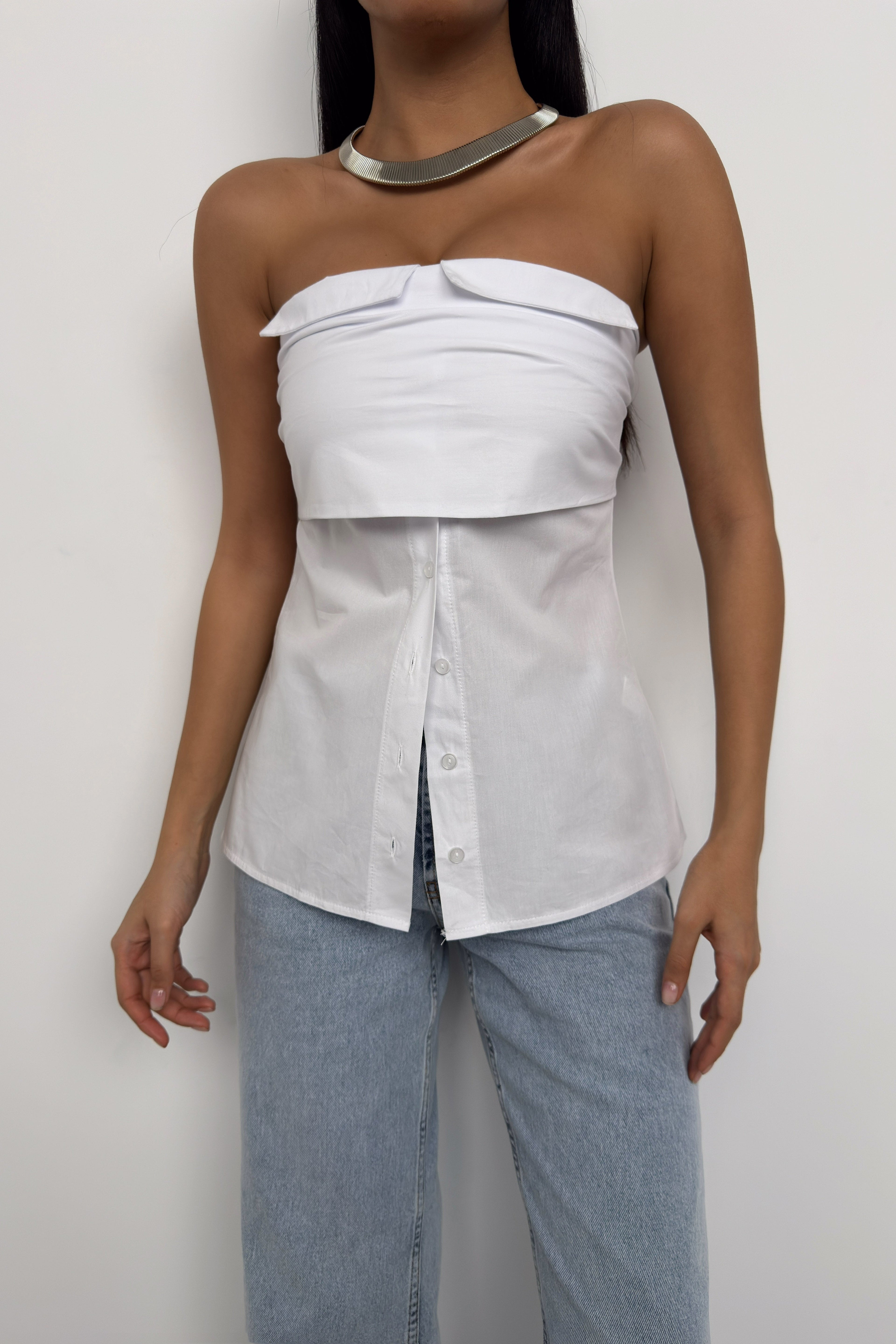Button Detail White Strapless Blouse