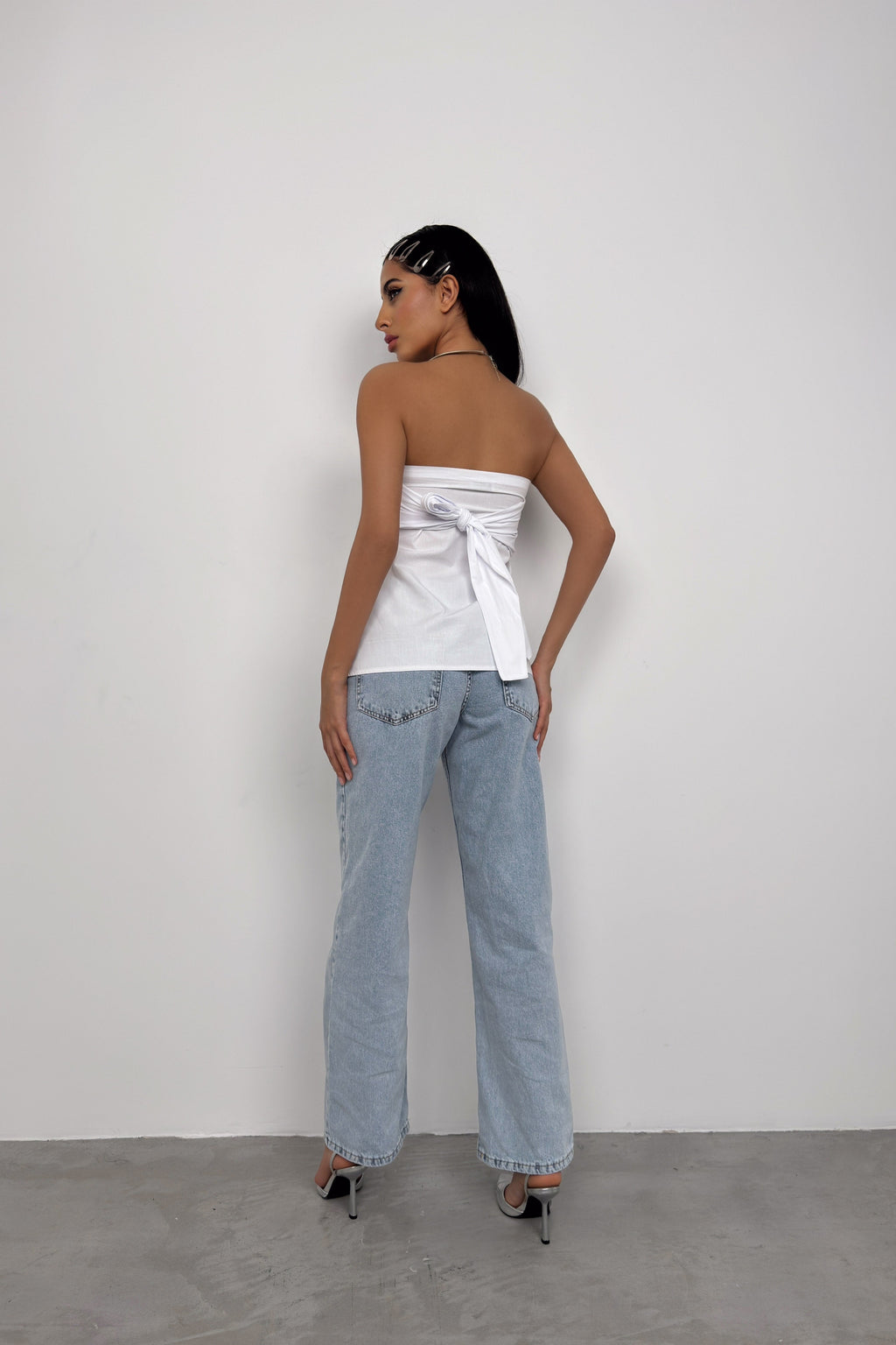 Button Detail White Strapless Blouse