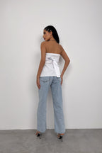 Button Detail White Strapless Blouse