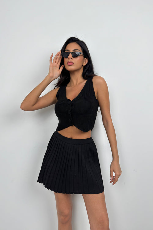 Button Detay Black Knit Vest