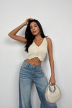 Button Detail Beige Knit Vest