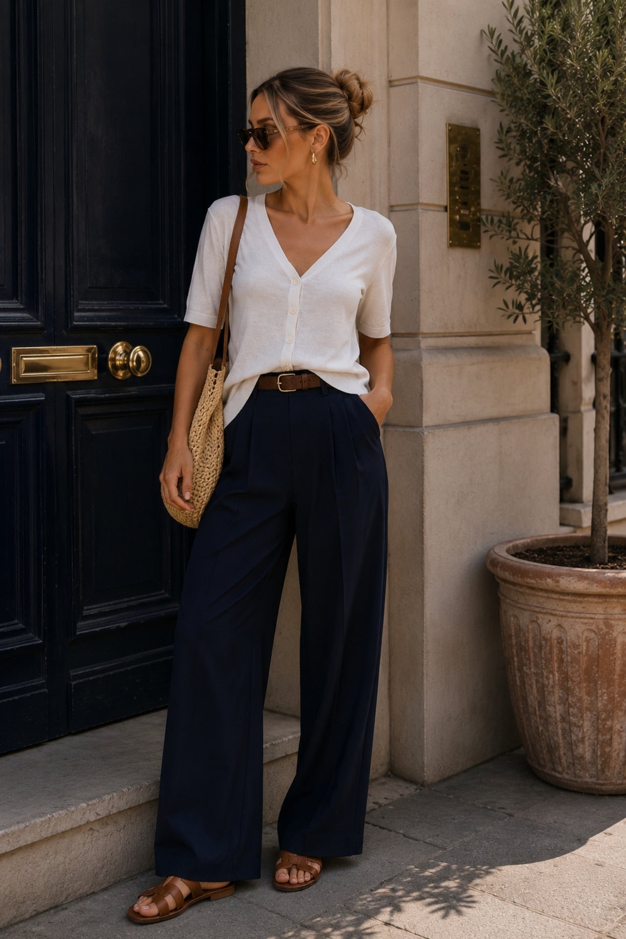 Button Detail V-Neck White Knitwear Blouse