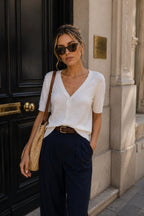 Button Detail V-Neck White Knitwear Blouse