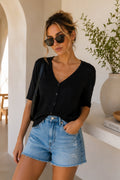 Button Detail V-Neck Black Knitwear Blouse