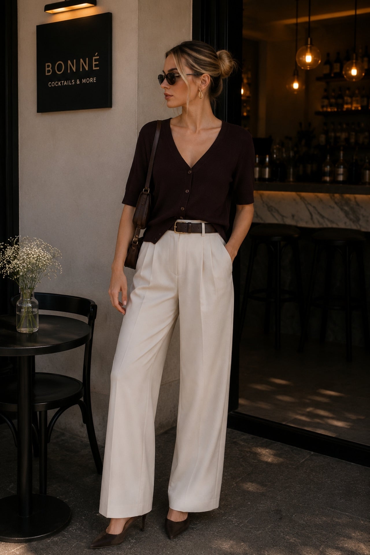 Button Detail V-Neck Brown Knitwear Blouse