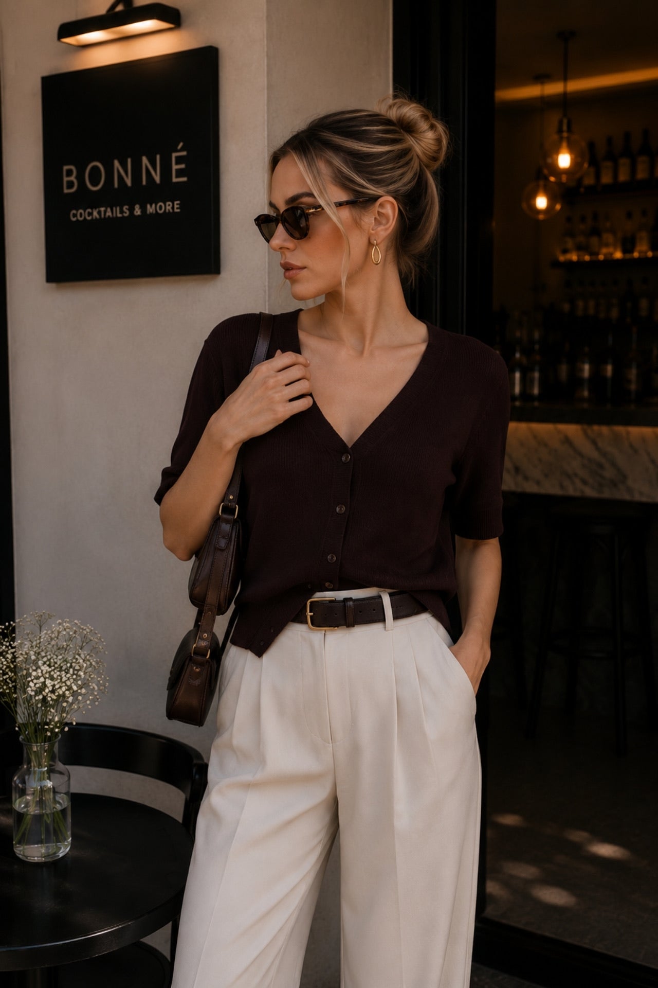 Button Detail V-Neck Brown Knitwear Blouse