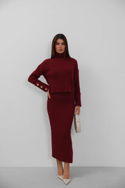 Button Detailed Turtleneck Sweater and Skirt Burgundy Knitwear Set