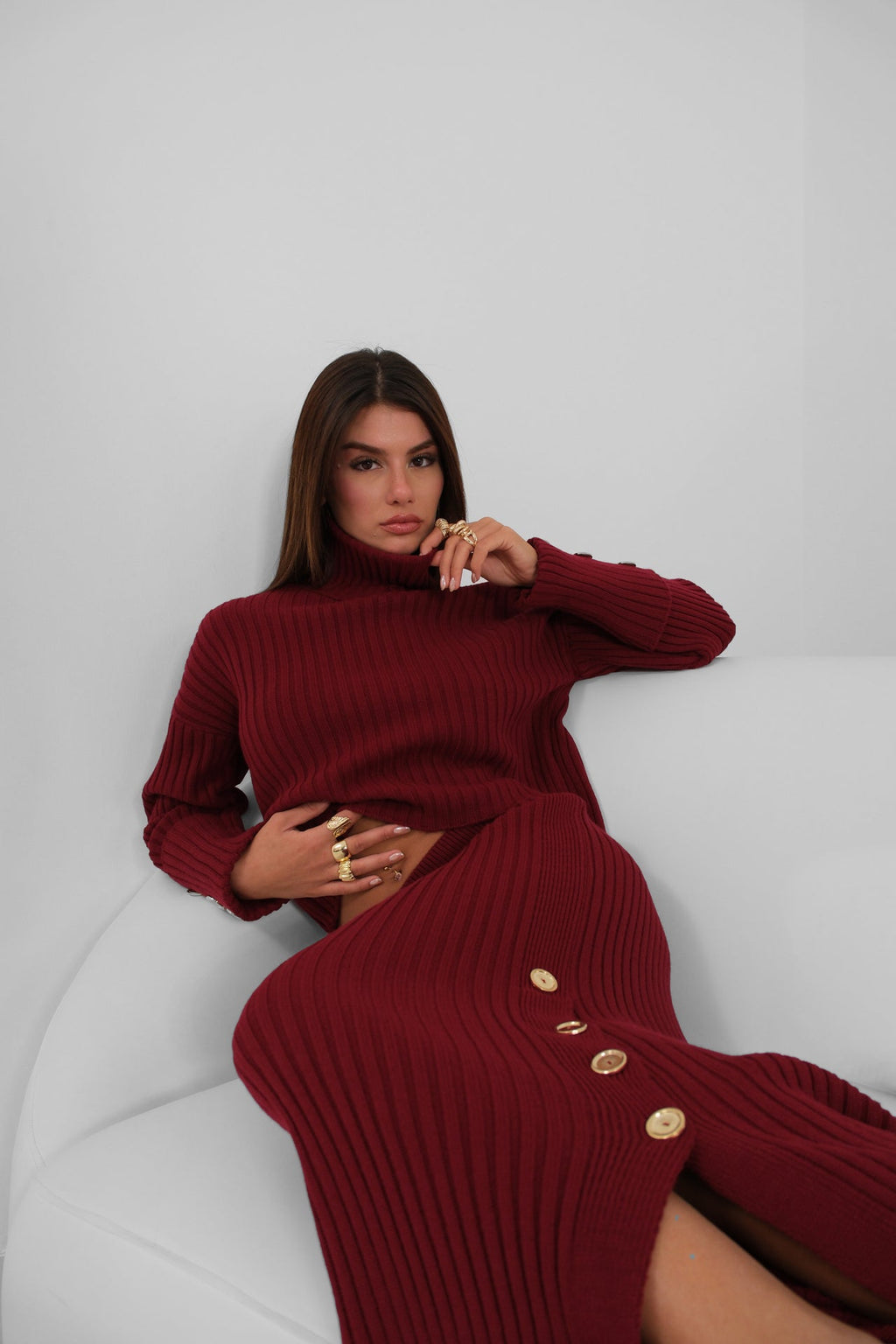 Button Detail Turtleneck Sweater and Skirt Burgundy Knit Set