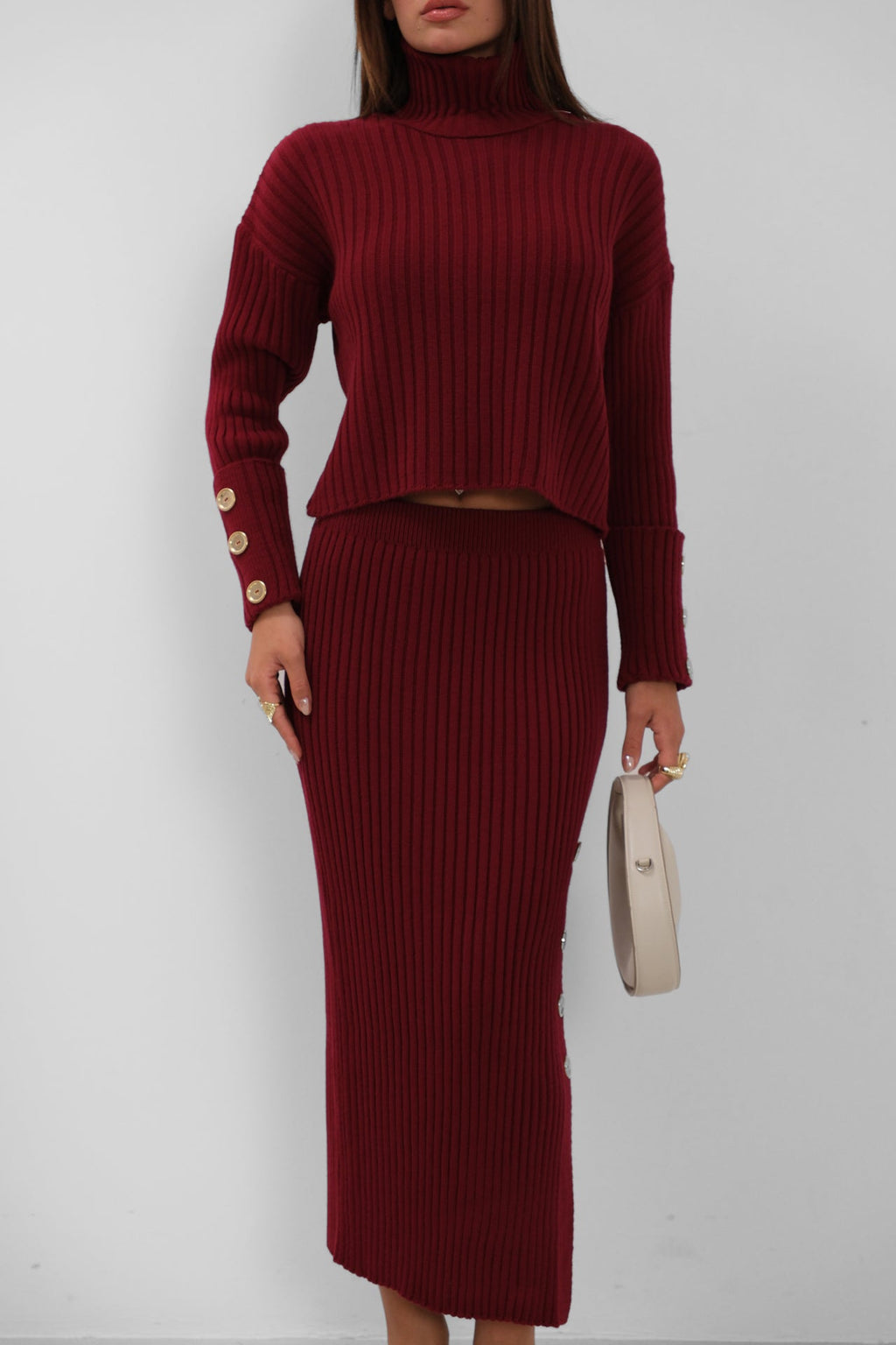 Button Detail Turtleneck Sweater and Skirt Burgundy Knit Set
