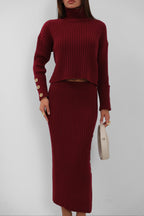 Button Detail Turtleneck Sweater and Skirt Burgundy Knit Set