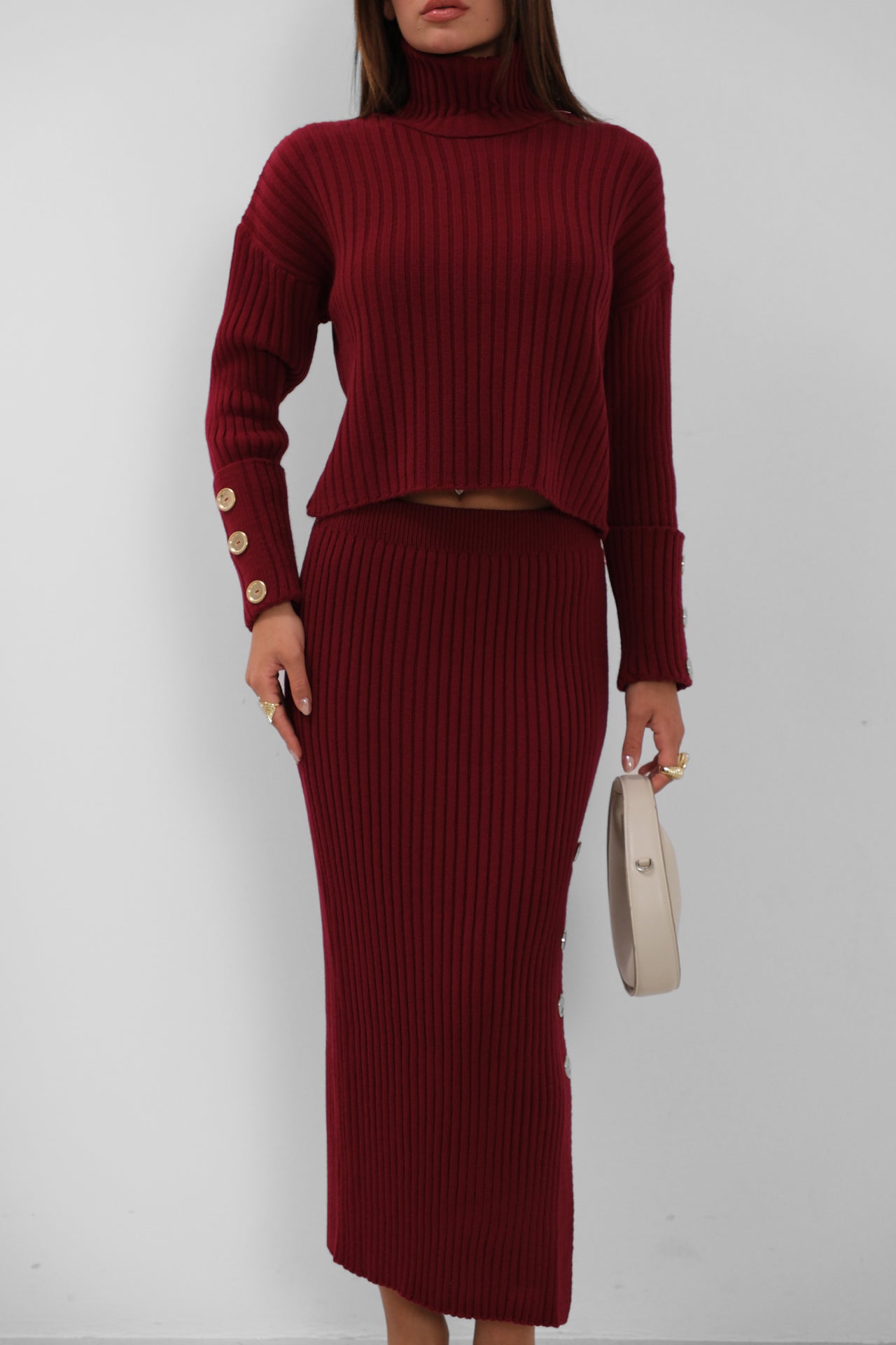 Button Detail Turtleneck Sweater and Skirt Burgundy Knit Set