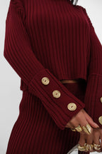 Button Detail Turtleneck Sweater and Skirt Burgundy Knit Set
