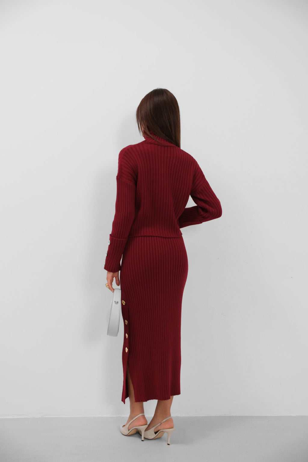 Button Detail Turtleneck Sweater and Skirt Burgundy Knit Set
