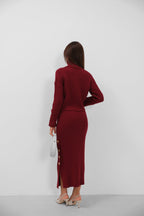 Button Detail Turtleneck Sweater and Skirt Burgundy Knit Set