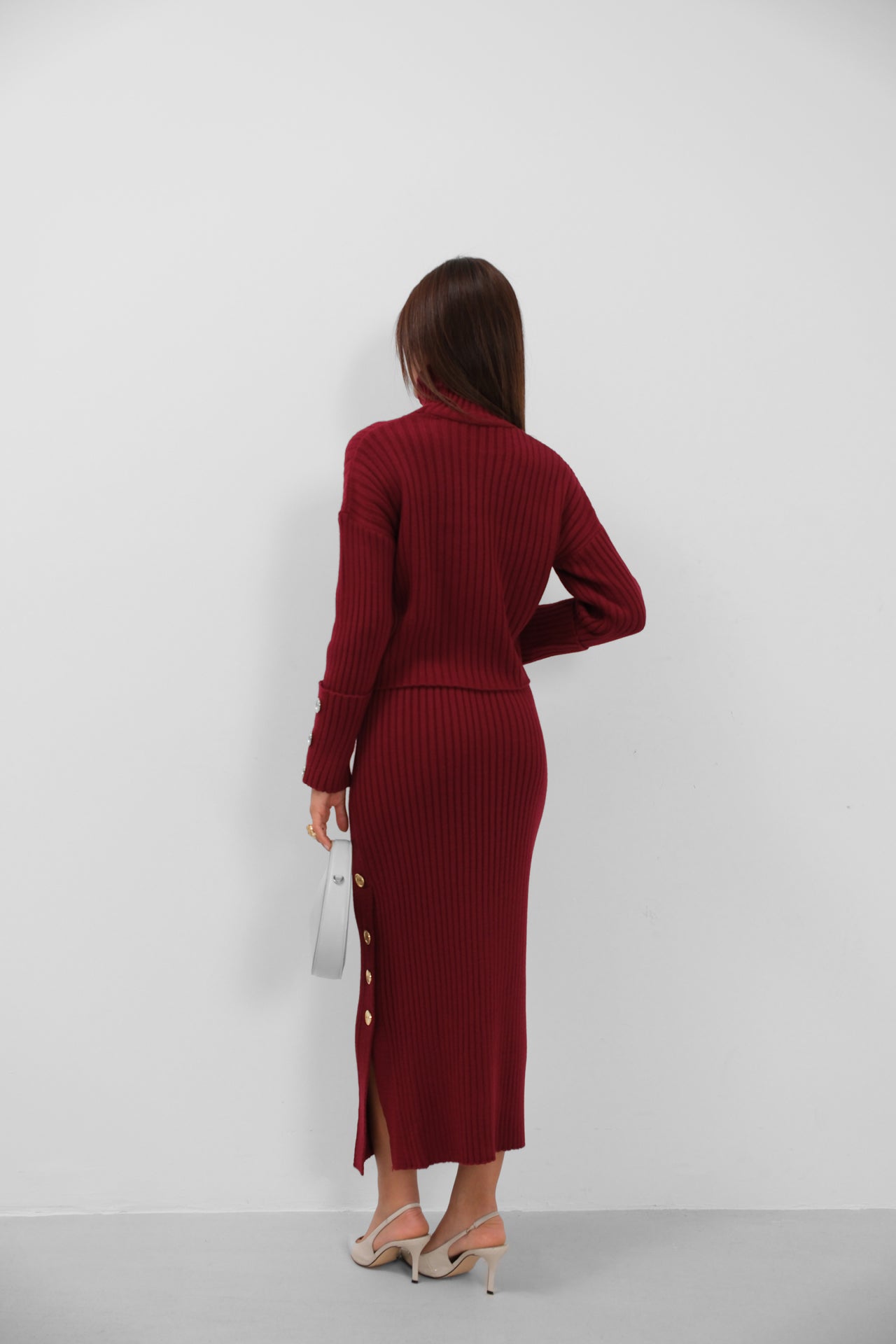 Button Detail Turtleneck Sweater and Skirt Burgundy Knit Set