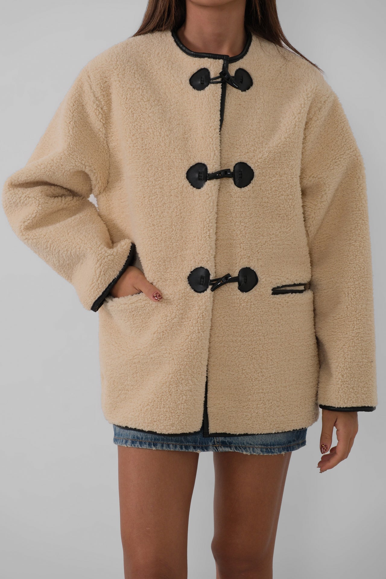 Button Detail Pocket Plush Ecru Jacket