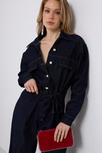 Button Detail Denim Navy Jumpsuit