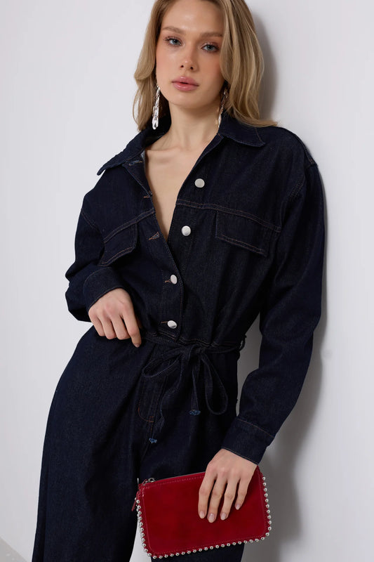 Denim Navy Blue Overalls with Button Detail