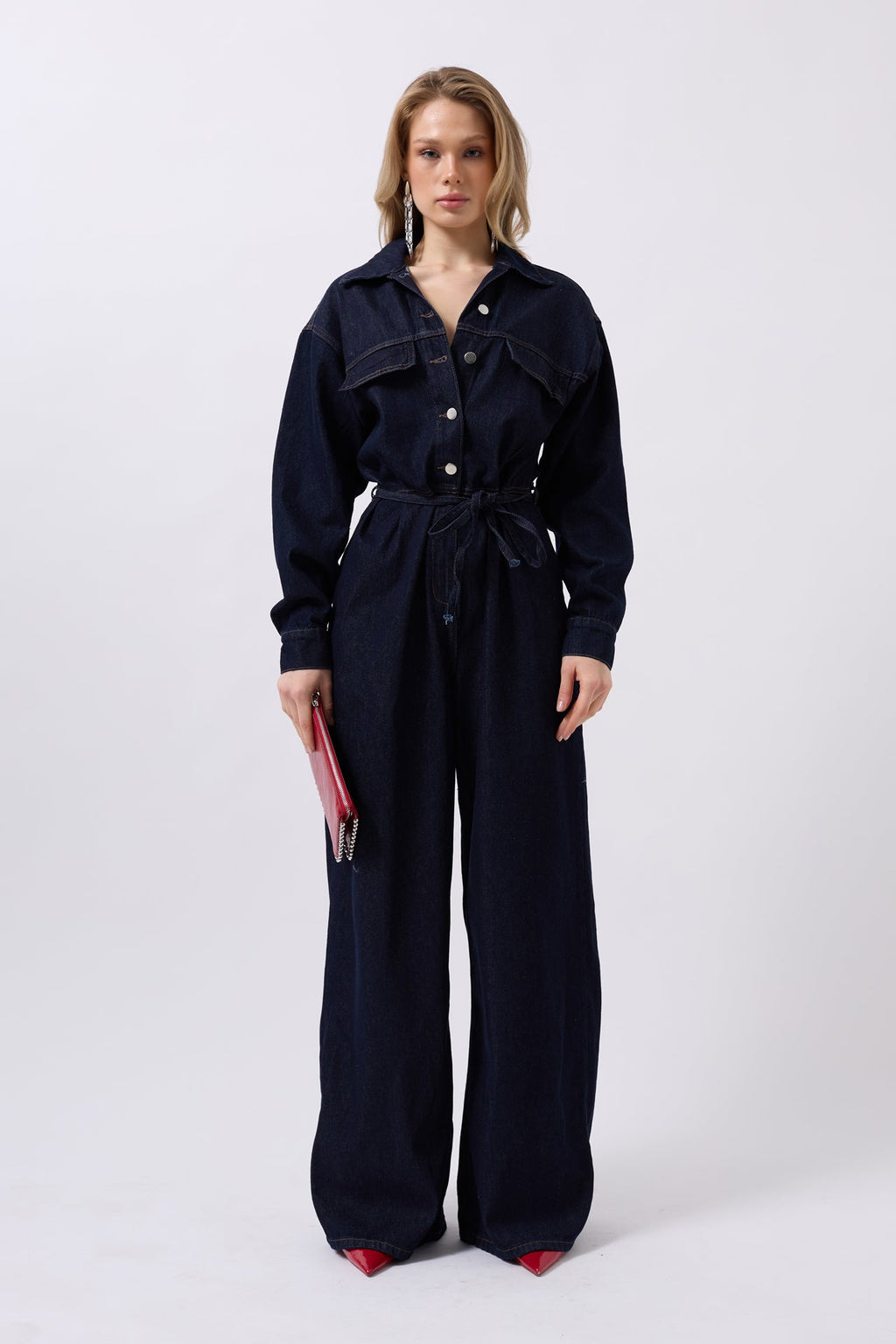 Button Detail Denim Navy Jumpsuit