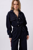 Button Detail Denim Navy Jumpsuit