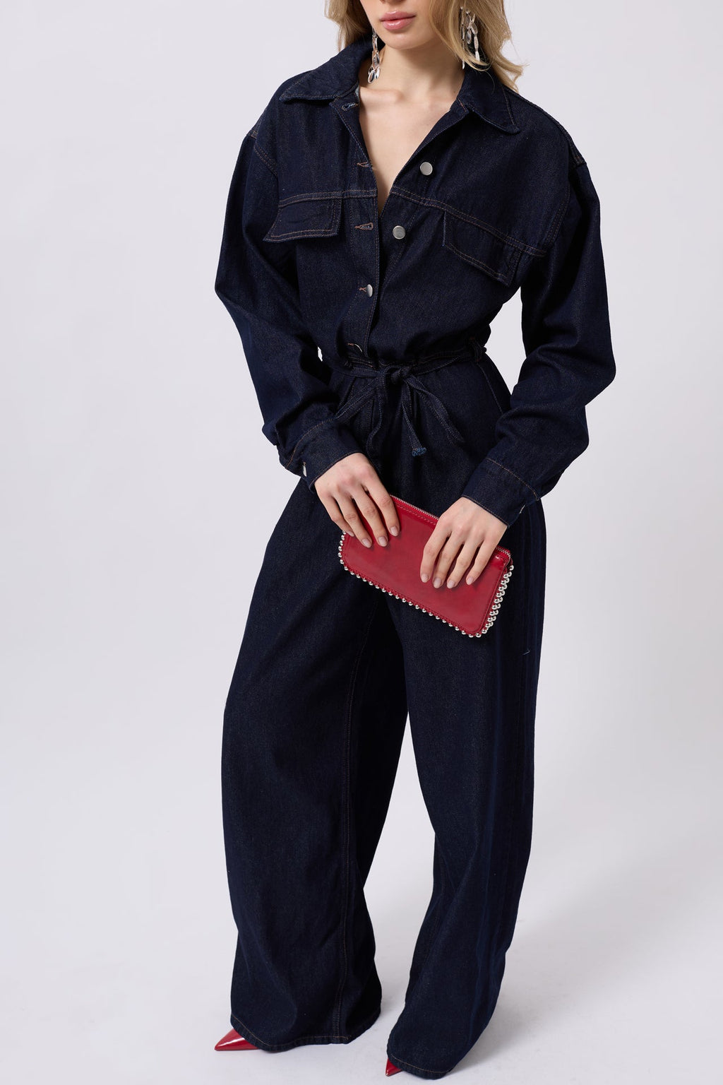 Button Detail Denim Navy Jumpsuit