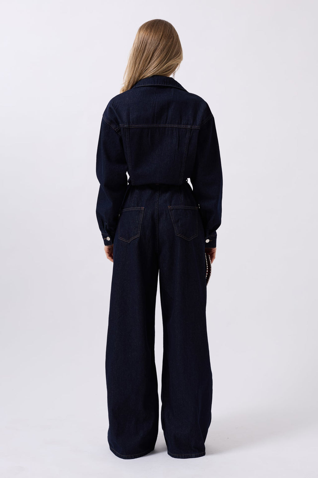 Button Detail Denim Navy Jumpsuit