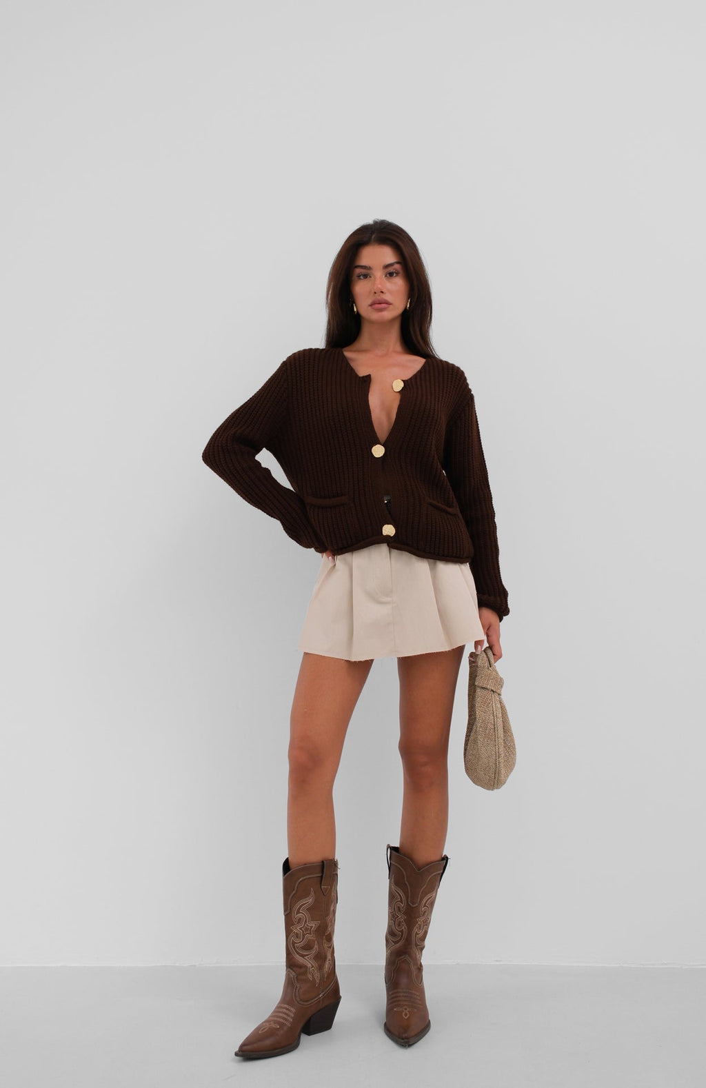 Button-Detailed Oversize Brown Knit Cardigan