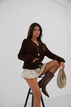 Button-Detailed Oversize Brown Knit Cardigan
