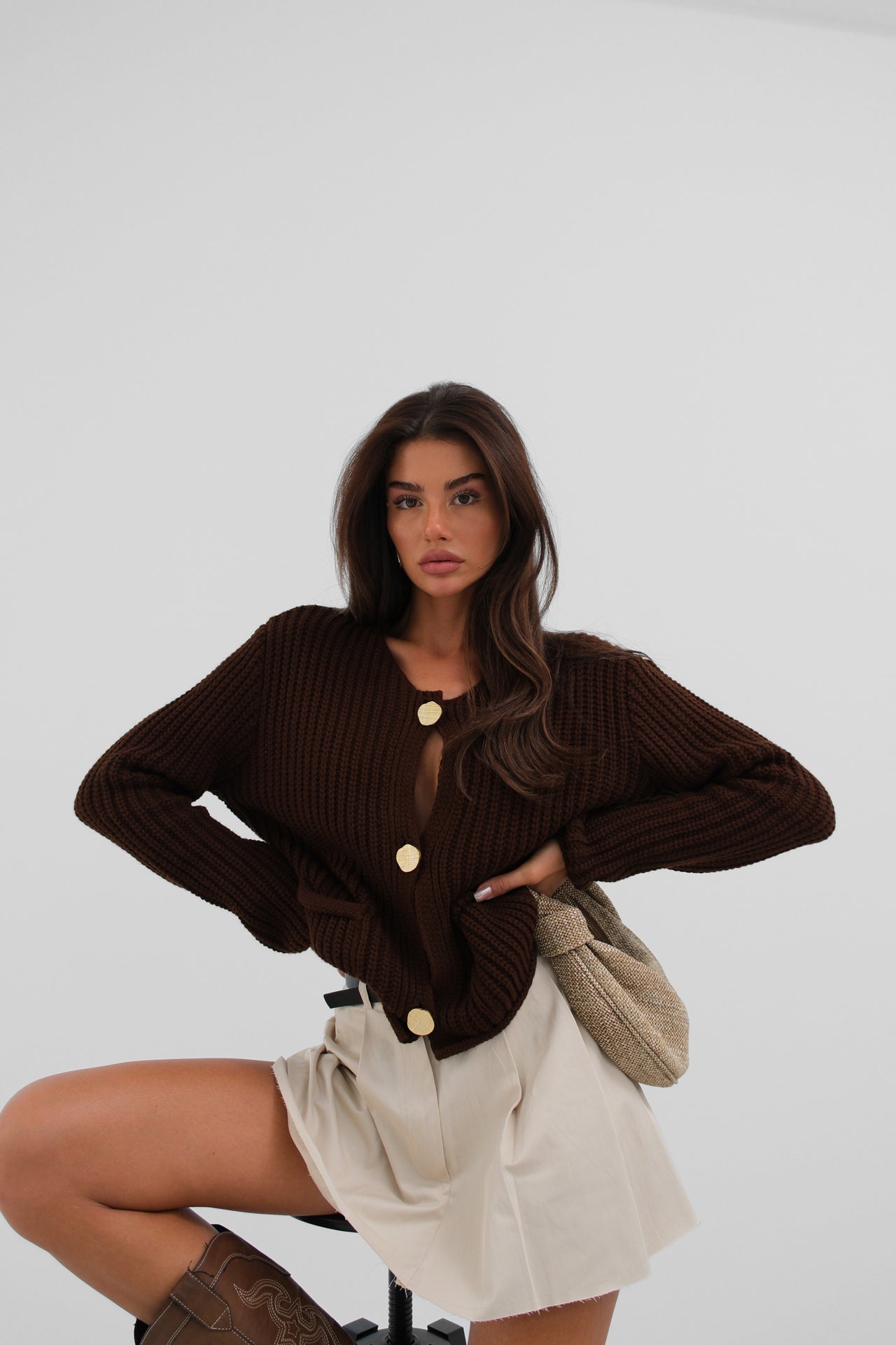 Button-Detailed Oversize Brown Knit Cardigan