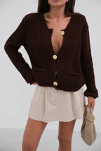 Button-Detailed Oversize Brown Knit Cardigan