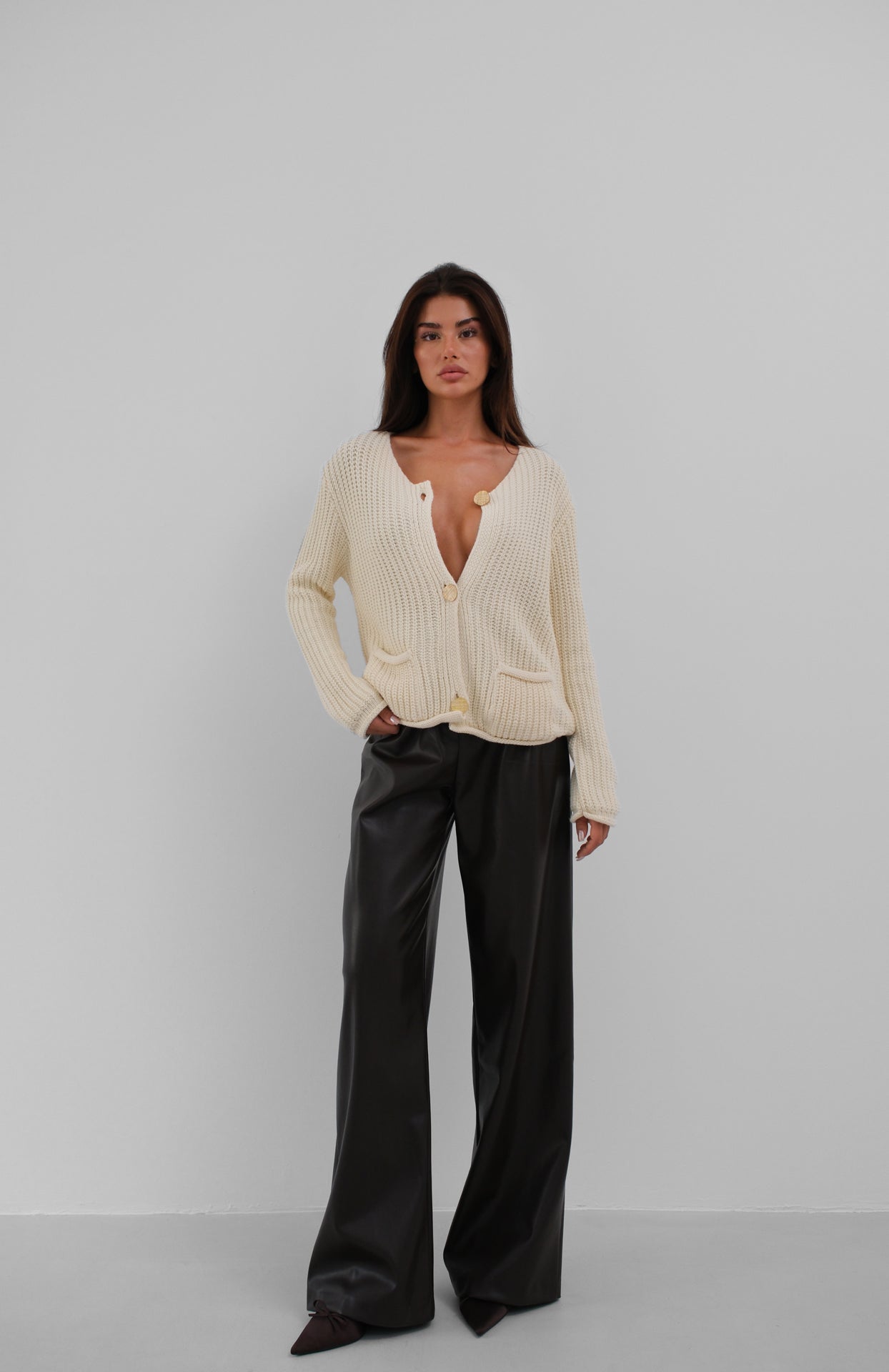 Button Detail Oversize Ecru Knit Cardigan