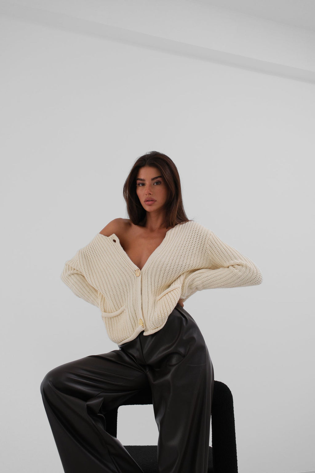 Button Detail Oversize Ecru Knit Cardigan