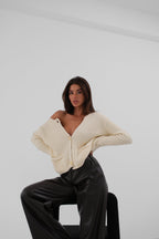 Button Detail Oversize Ecru Knit Cardigan