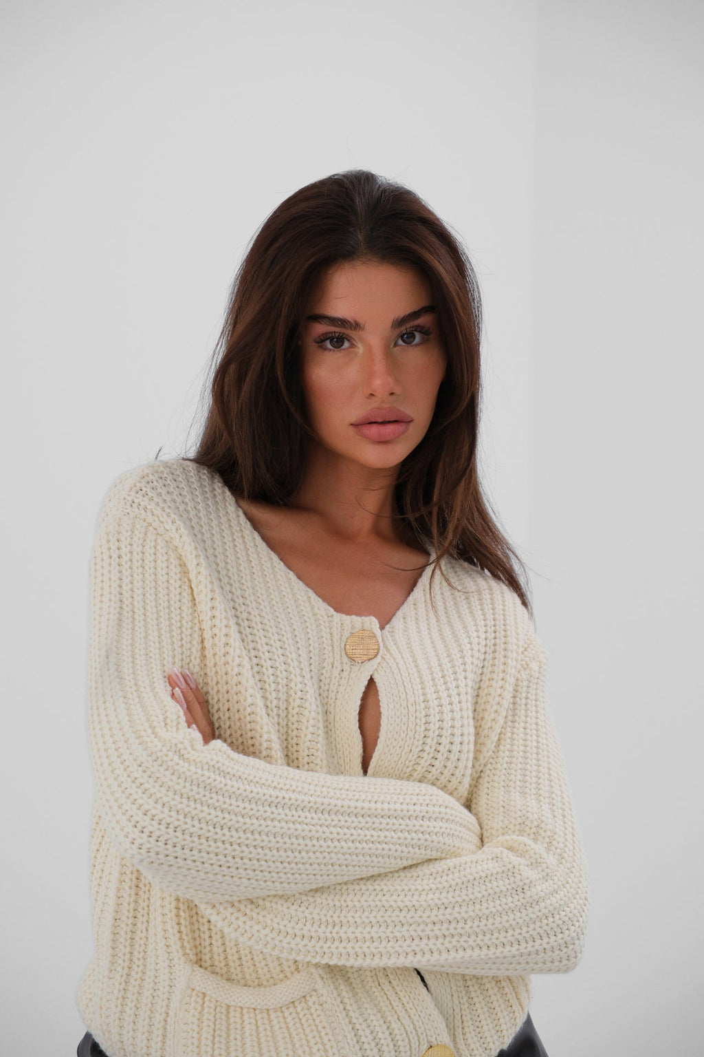 Button Detail Oversize Ecru Knit Cardigan