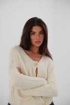 Button Detail Oversize Ecru Knit Cardigan