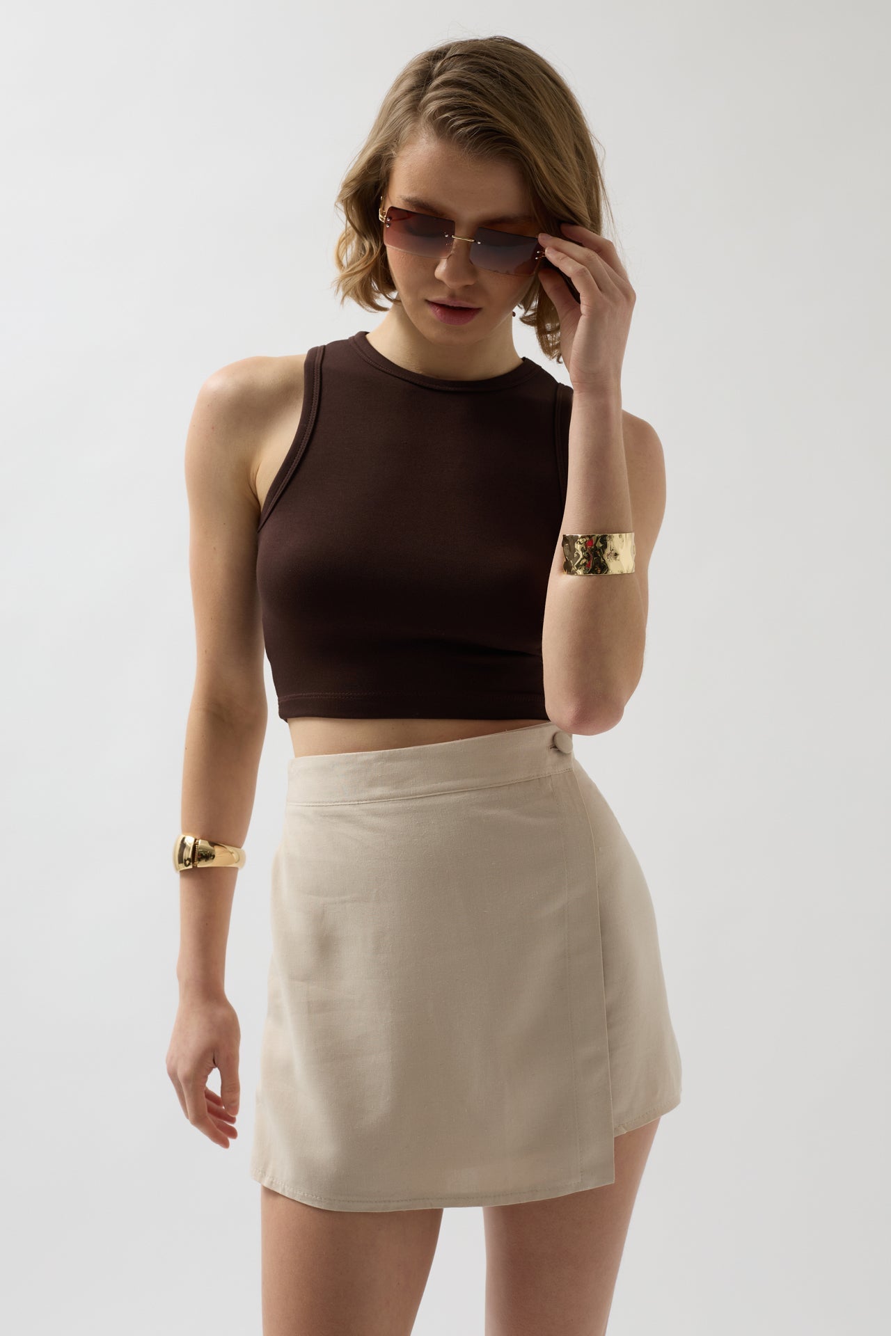 Buttoned Beige Linen Skirt