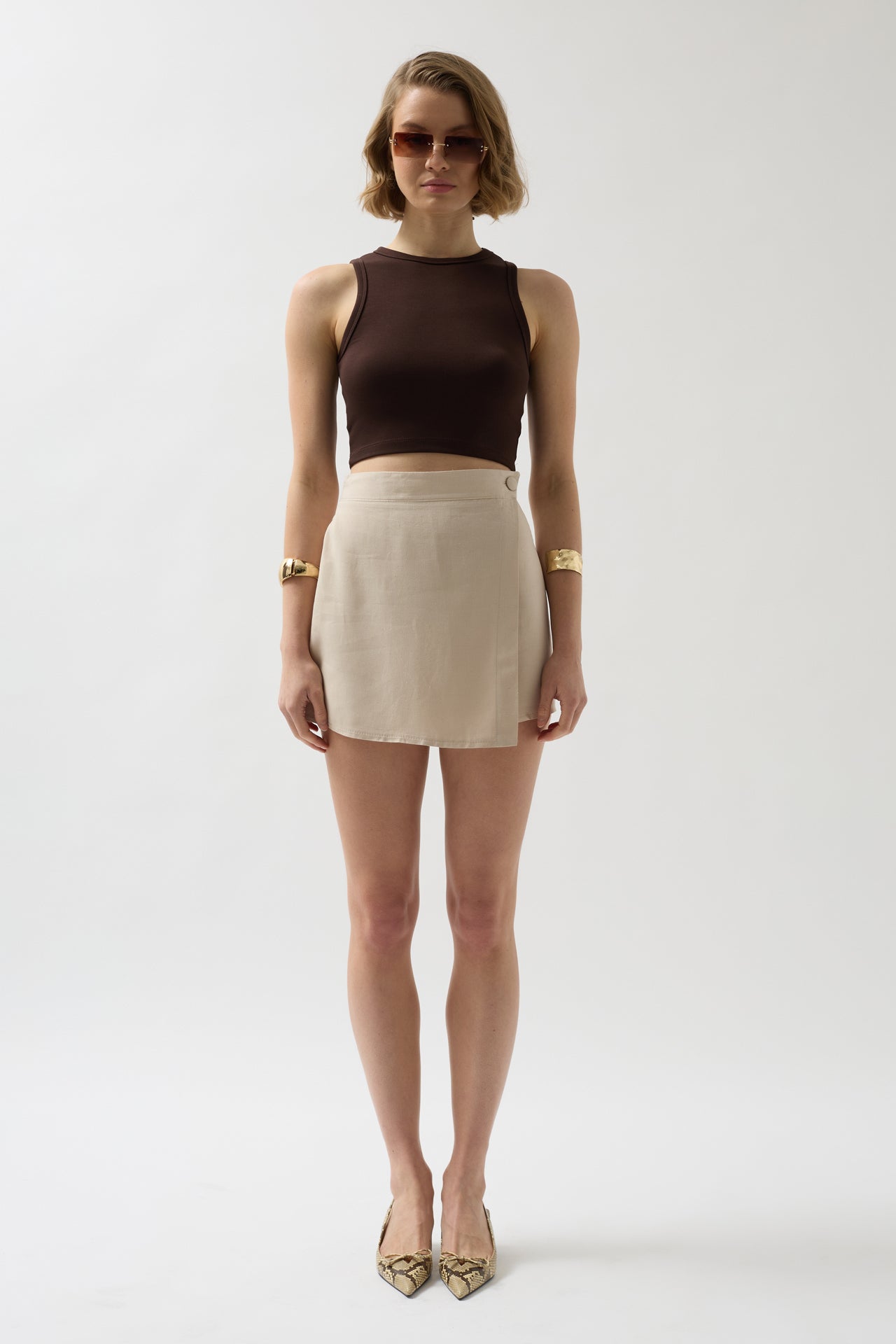 Buttoned Beige Linen Skirt