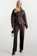 Buttoned Waist-Fitted Brown Jacket Set