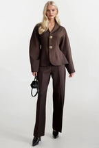 Buttoned Waist-Fitted Brown Jacket Set