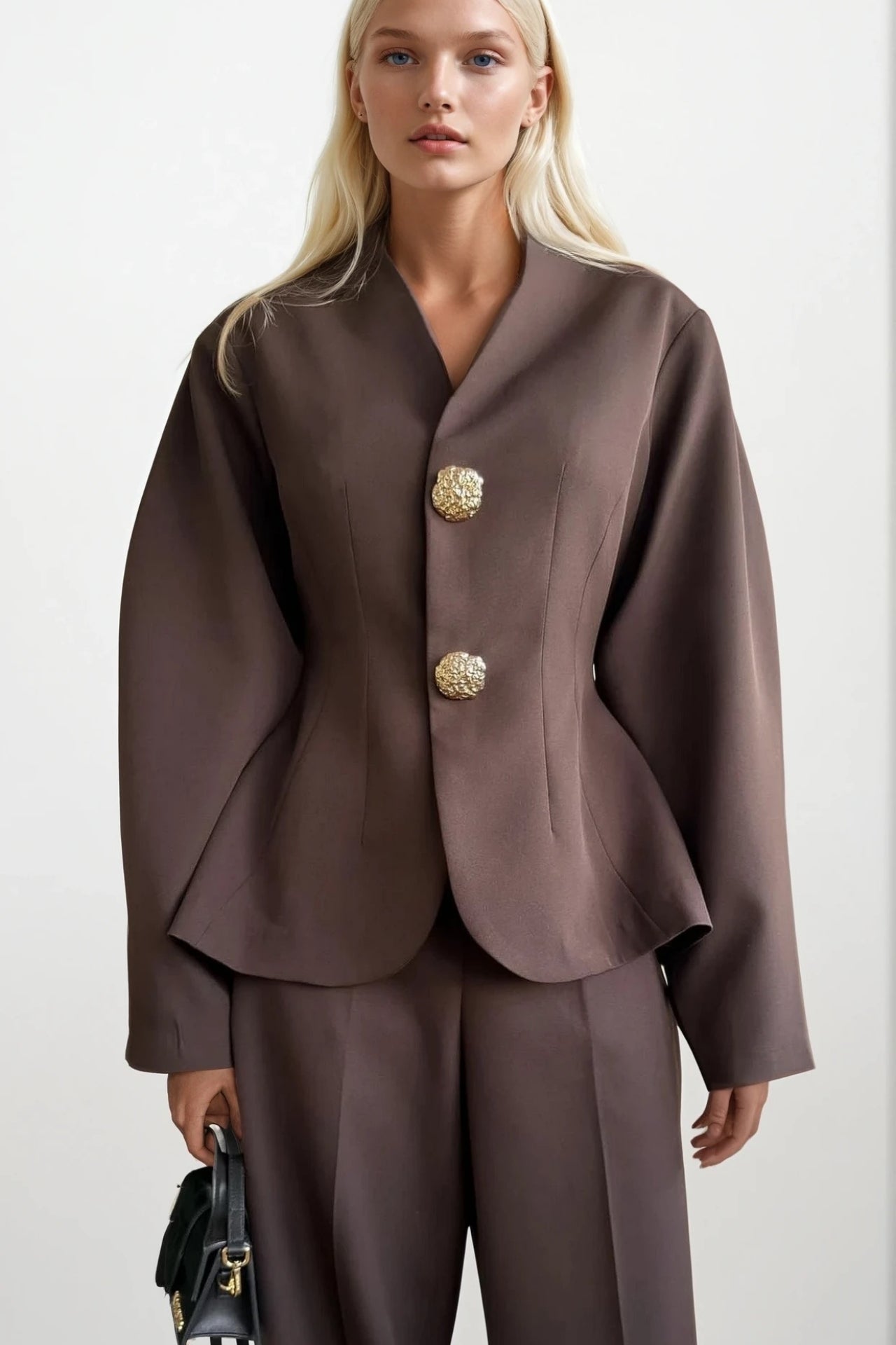 Buttoned Waist-Fitted Brown Jacket Set